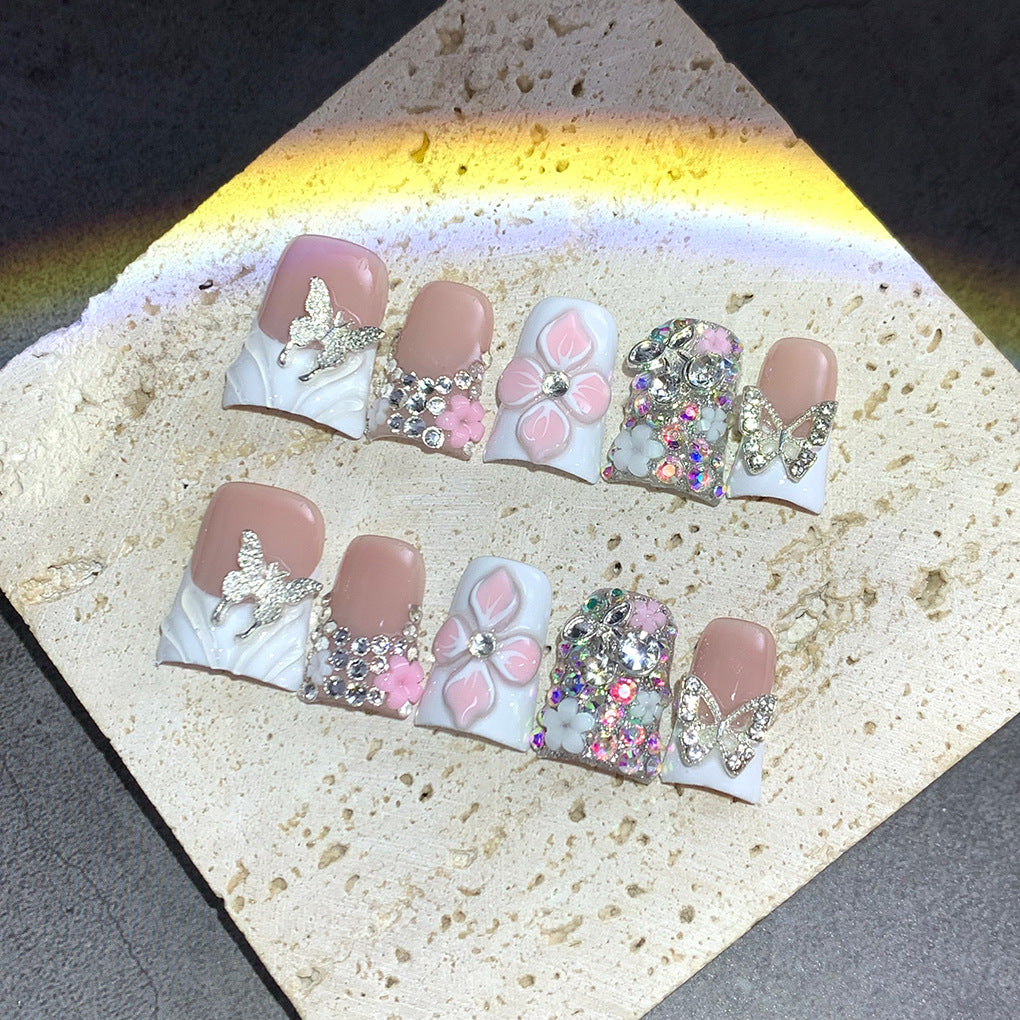 White Floral Butterfly Crystal Press On Nails