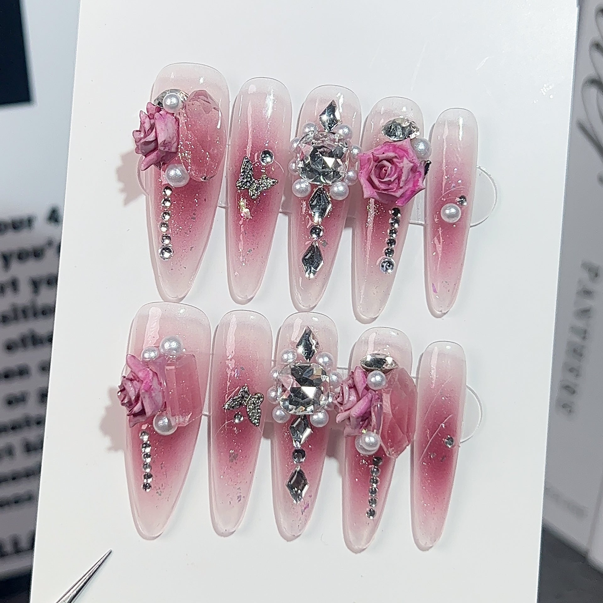 Uñas postizas hechas a mano, transparentes, con rubor, dulce y puro, con parches largos extraíbles ｜365nails