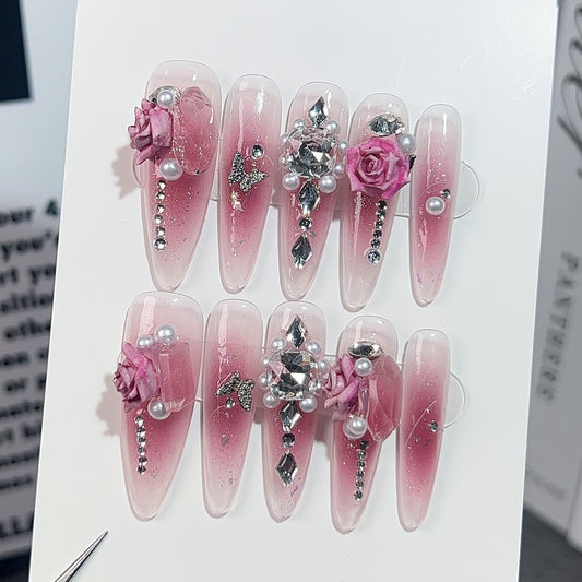 Unhas postiças artesanais, transparentes, blush, doce e puro, temperamento, unhas compridas, removíveis｜365nails