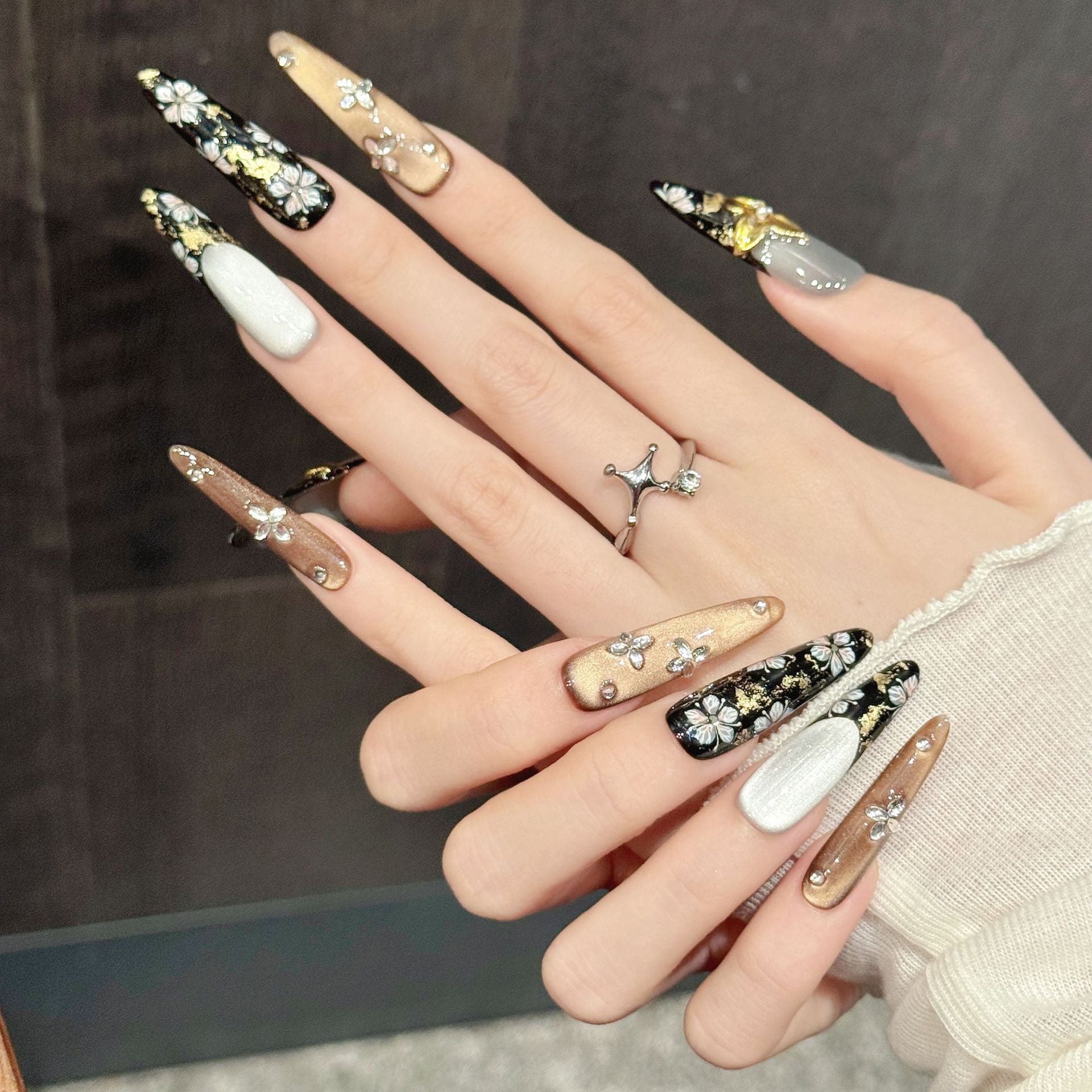 Gold Black Floral Metallic Butterfly Luxury Press On Nails