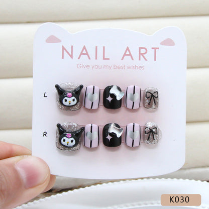Cute sweet cool girl flash bow love playful white ins wind fake nails kids nails｜365nails