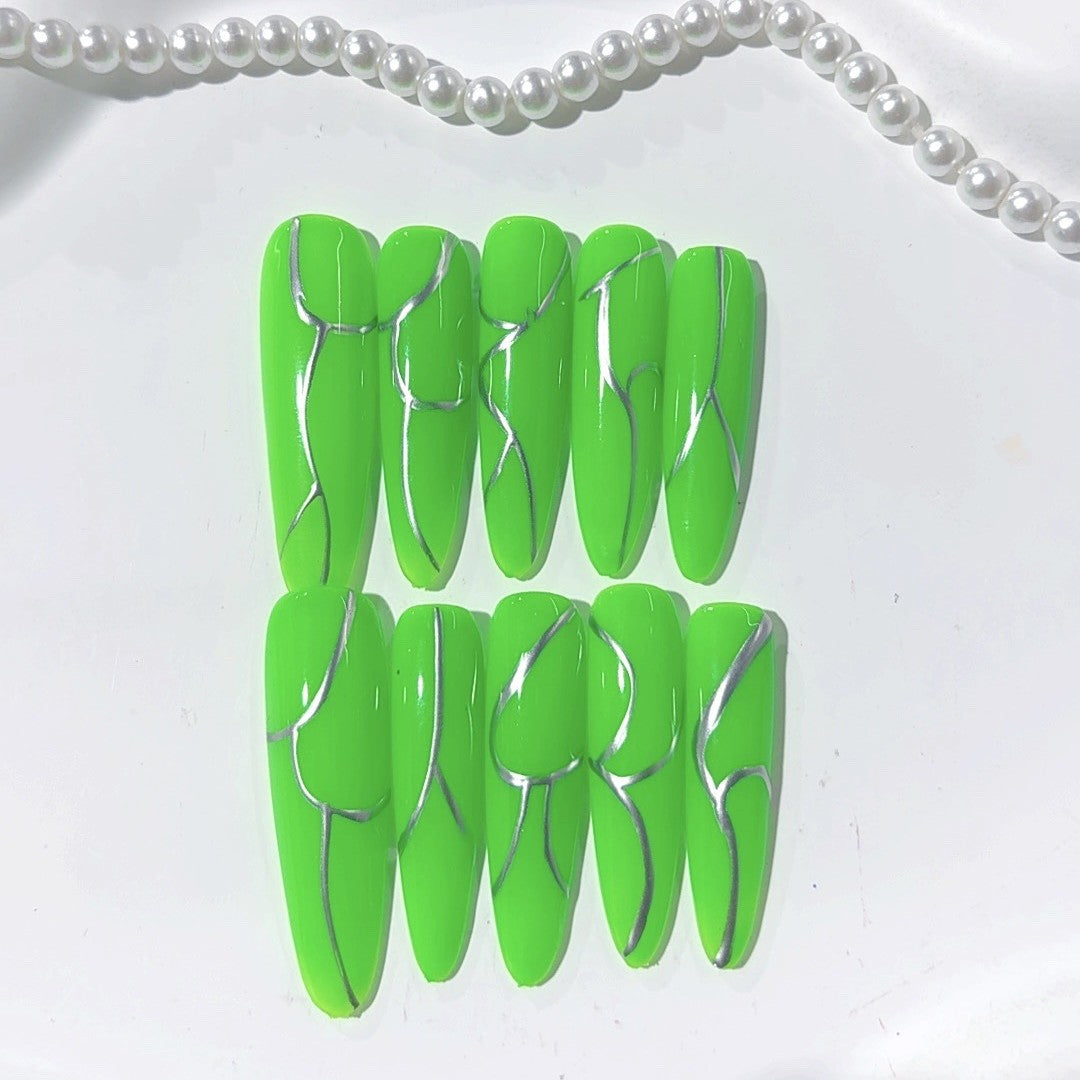 Neon Green Metallic Line Minimal Press On Nails