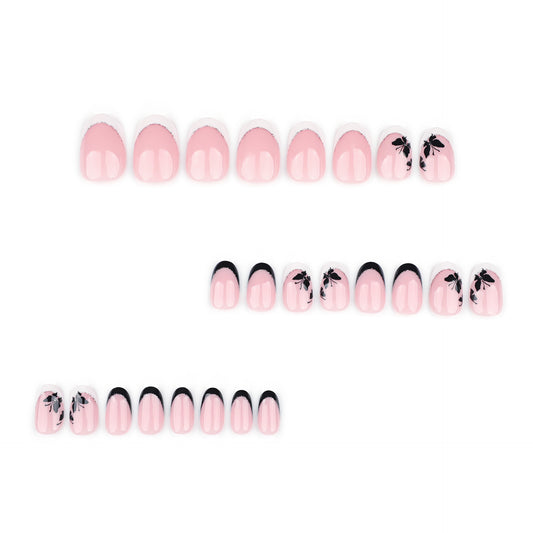 Short round nail manicure piece Simple French white edge  Black butterfly ins false nail ｜365nails