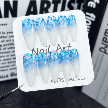Handmade press-on nails two-color gradual change Korean large sequ medium and long nail patch  style long pointed fake nails｜365nails