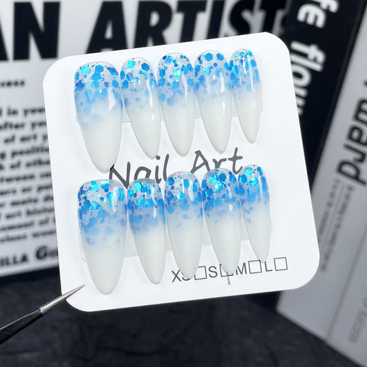 Handmade press-on nails two-color gradual change Korean large sequ medium and long nail patch  style long pointed fake nails｜365nails