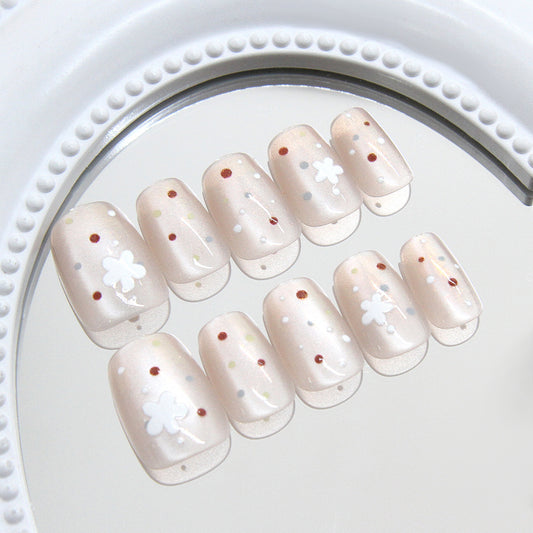 Nail Tips  prefabricated nail spring polka dot flower painting white cat eye sweet sister  ins wind removable nail art 30｜365nails