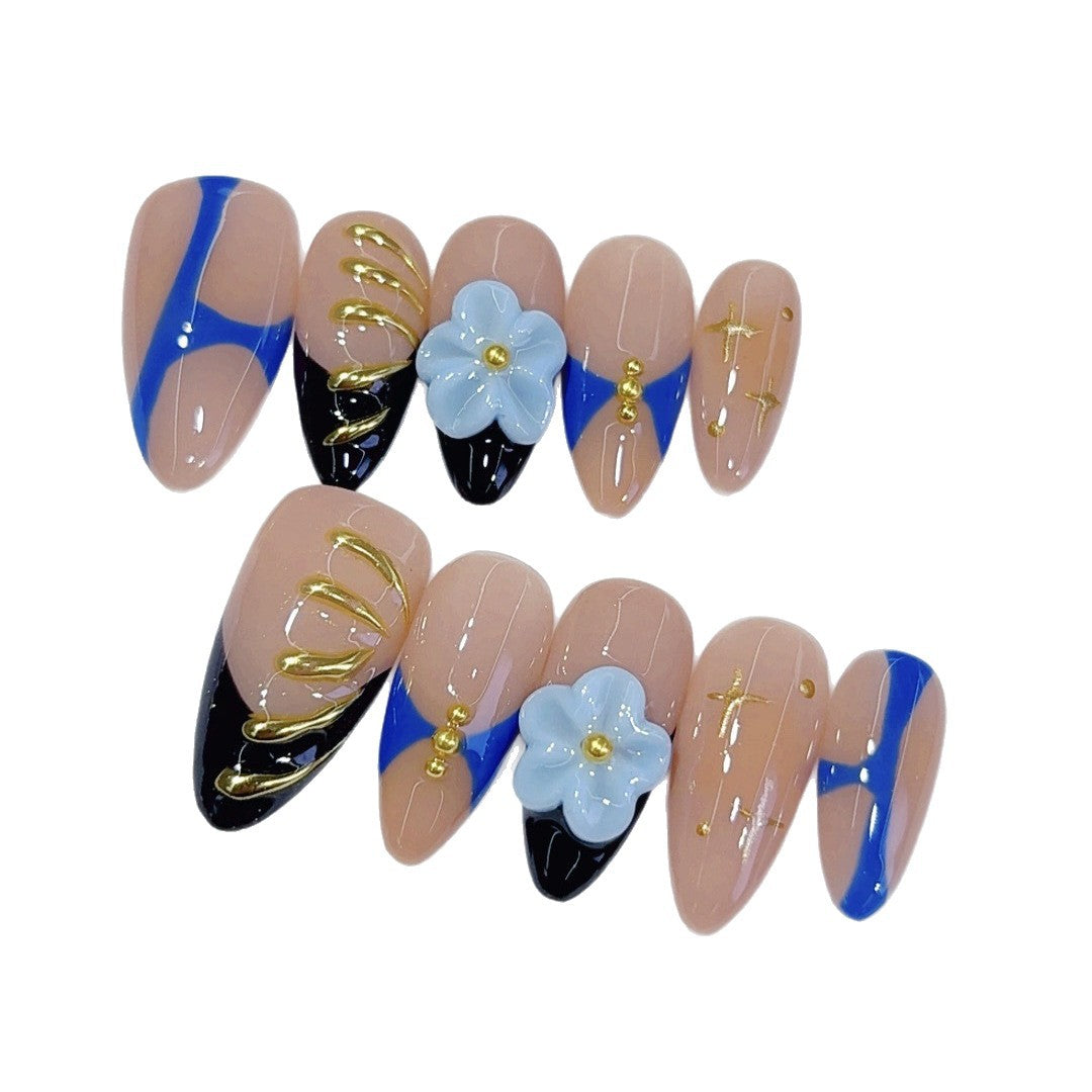 Blue Bloom: "Nude Gold Chain" – Almond Shape Handmade Press-On Nails