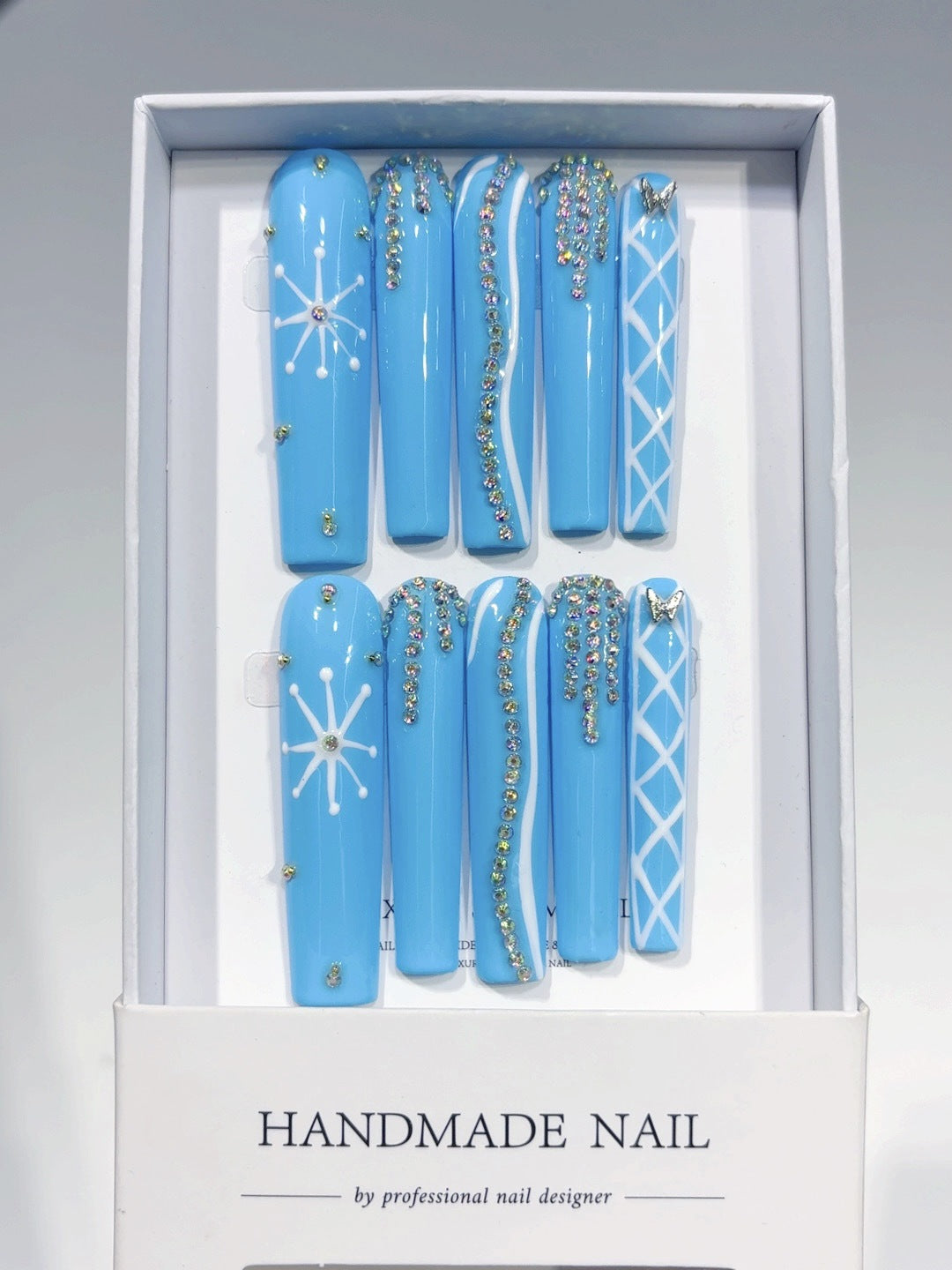 Sky Blue Crystal Line Minimal Glam Press On Nails