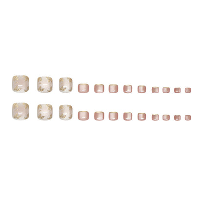 Uñas postizas extraíbles con diseño de ojo de gato tridimensional, diseño de flores doradas, color blanco suave francés, 24 piezas ｜365nails