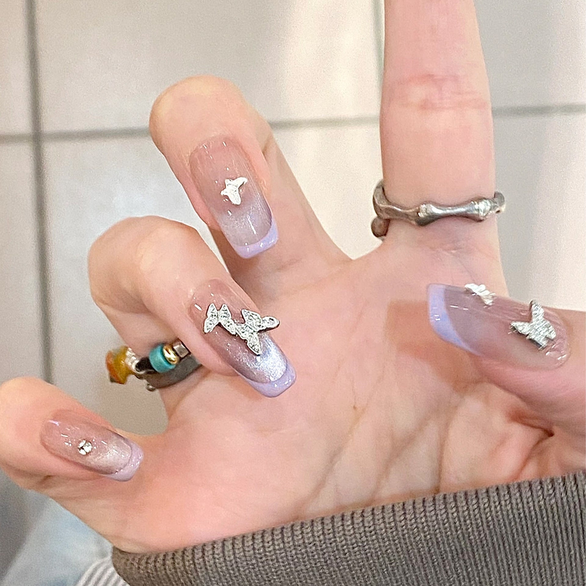 Nueva pieza de verano, uña postiza a presión, estilo francés, morado, ojo de gato, uñas a presión, uña de mariposa tridimensional, producto terminado｜365nails