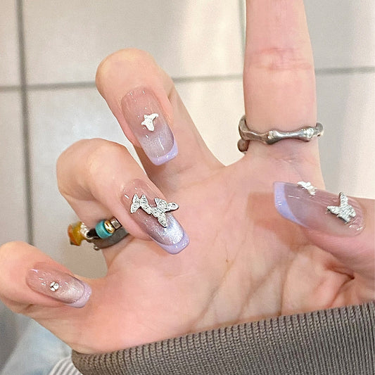 Summer new  piece Press onable fake nail French purple cat eye Press on nails Three-dimensional butterfly nail piece Finished product｜365nails