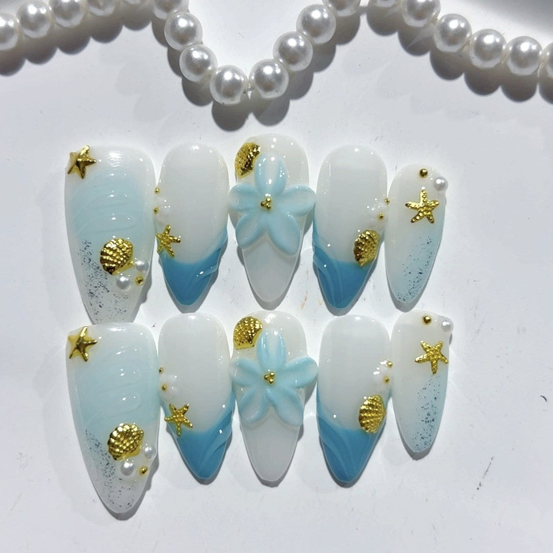 365nails: "海洋寶藏灣" – 中長款 杏仁形 藍色漸層 海洋風 手工製 穿戴甲