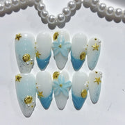 365nails: "海洋寶藏灣" – 中長款 杏仁形 藍色漸層 海洋風 手工製 穿戴甲