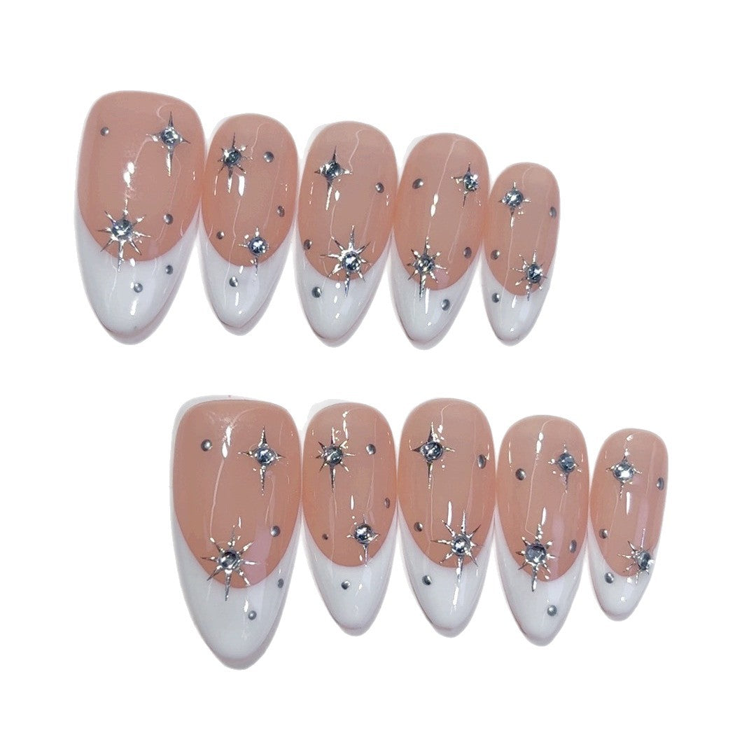 Starry French: "Silver Star" – Almond Press-On Nails