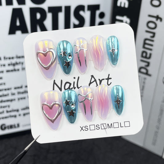Almond nail, sweet and cool aurora nail, metal shape, small and fresh nail patch,  pure handmade press-on nails｜365nails