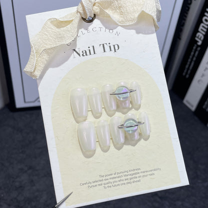 Starry sky aurora color handmade nail Internet celebrity Queen Mother Saturn short nail patch wearable nail sticker｜365nails