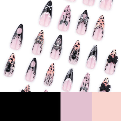 Gothic hottie wearing nail French leopard print  manicure fake nail three-dimensional bow spider personalized nail piece｜365nails