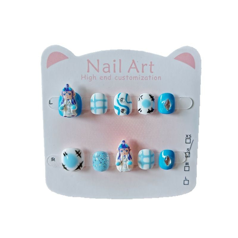 365nails：「藍色小龍王子」—短款方圓形手工製兒童穿戴甲