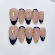 Celestial Noir: "Stellar Black French" – Almond Shape Handmade Press-On Nails