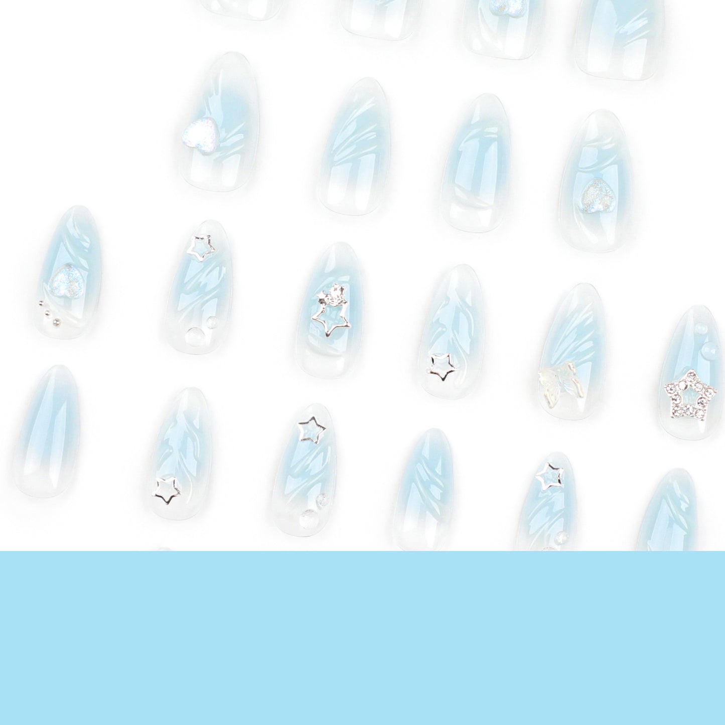 Blue smudge detachable wearable fake nail wholesale new 3D manicure nail piece love star press-on nails｜365nails