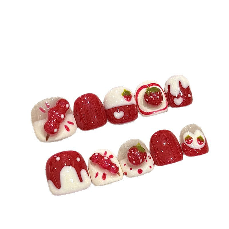 365nails: "sweet strawberry tanghulu" – short squoval handmade kids press-on nails