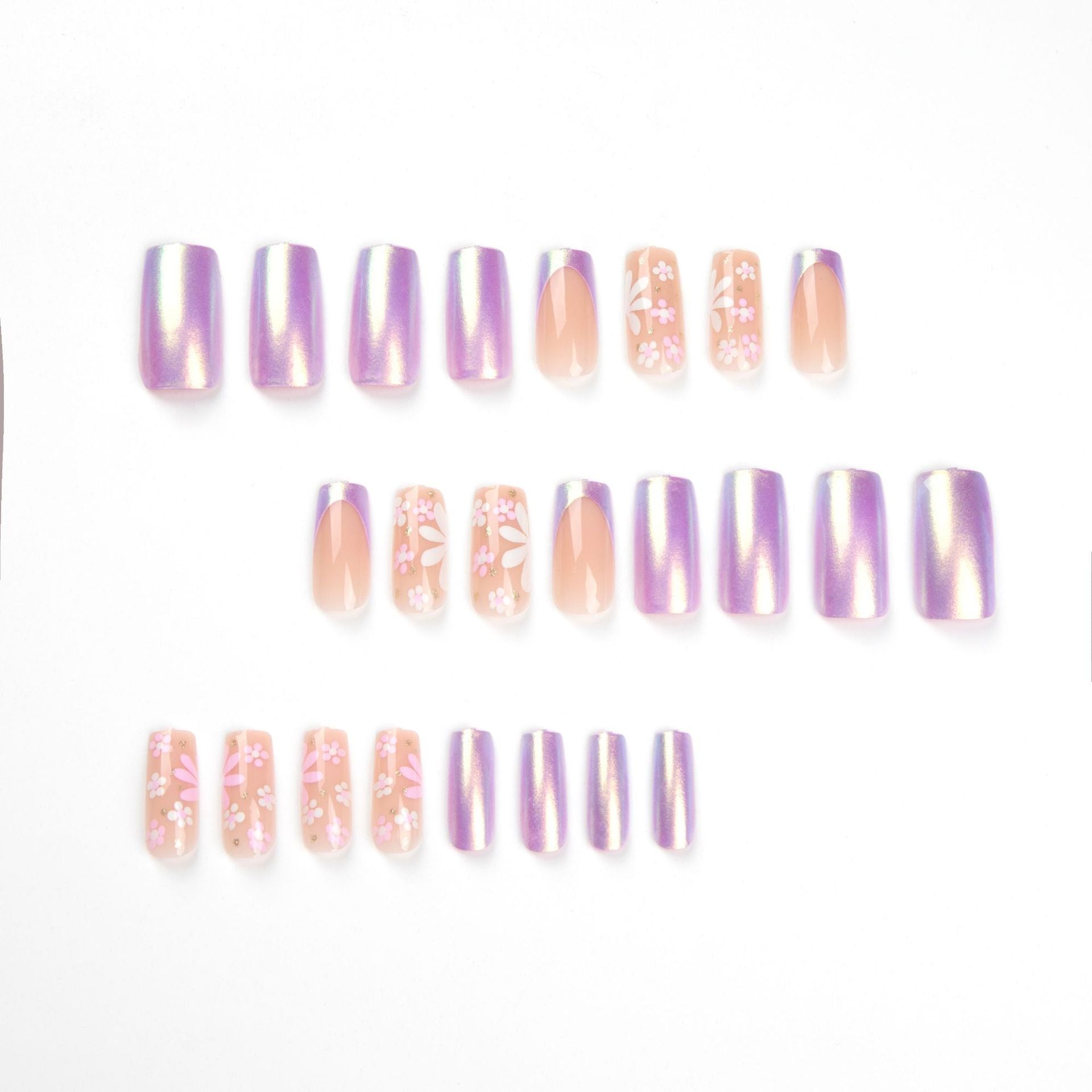 Adesivo de unhas postiças, unhas de camaleão polarizadas com flores rosa e brancas, arte de unhas finalizada, unhas postiças removíveis, produto finalizado｜365nails