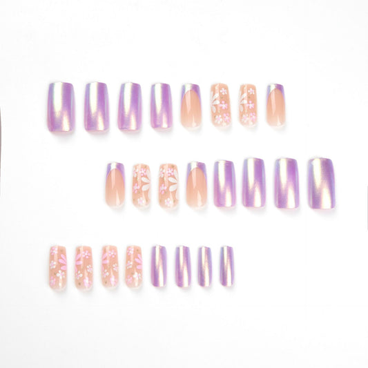 Press onable nails sticker, chameleon polarized pink white flower nails piece, finished nails art, fake nails removable finished product｜365nails