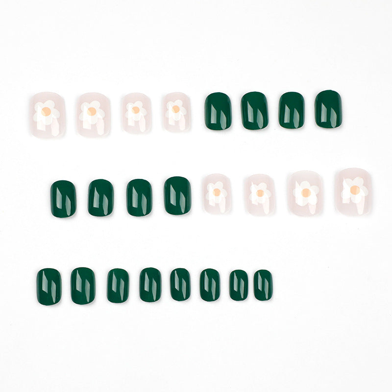 Unhas de pressão Simples e Frescas Unhas verdes Patch Flor branca Unhas removíveis Patch unhas de pressão Produto finalizado｜365nails