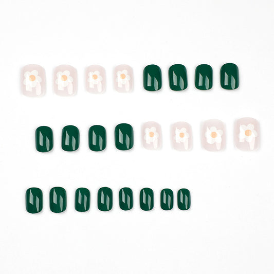 press on nails Simple and Fresh Green nails Patch White Flower Detachable nails Patch press on nails Finished Product｜365nails