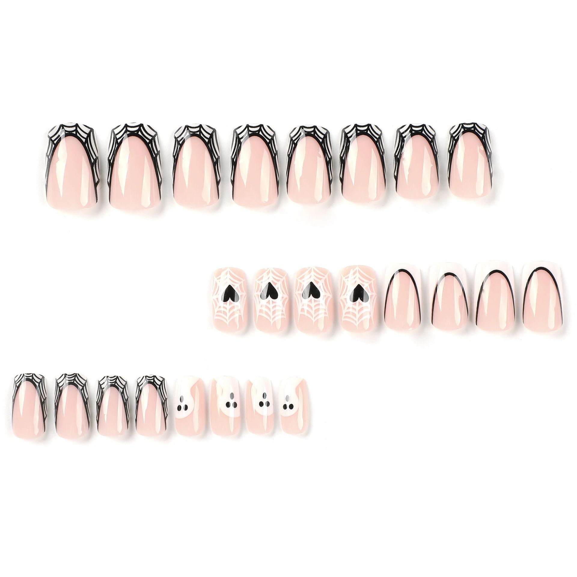 萬聖節主題甲貼：白色法式黑邊、鬼魂愛心與蜘蛛網圖案｜365nails