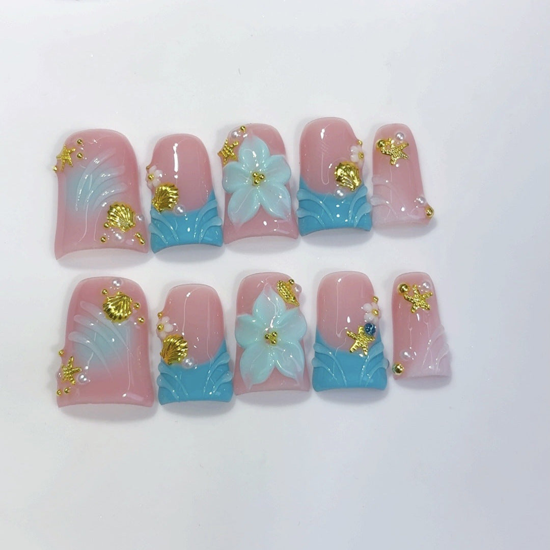 오션 블룸: 조개 백합 글로우 – 숏 스퀘어형 수제 프레스온 네일
