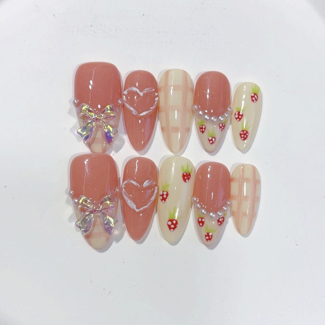 甜心浪漫：草莓蝴蝶結愛心 — 杏仁形 手工製 穿戴甲
