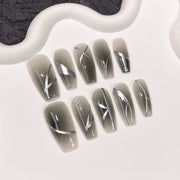 Modern Gray Smoke Ombré Silver Chrome Line Art Press-On Nails