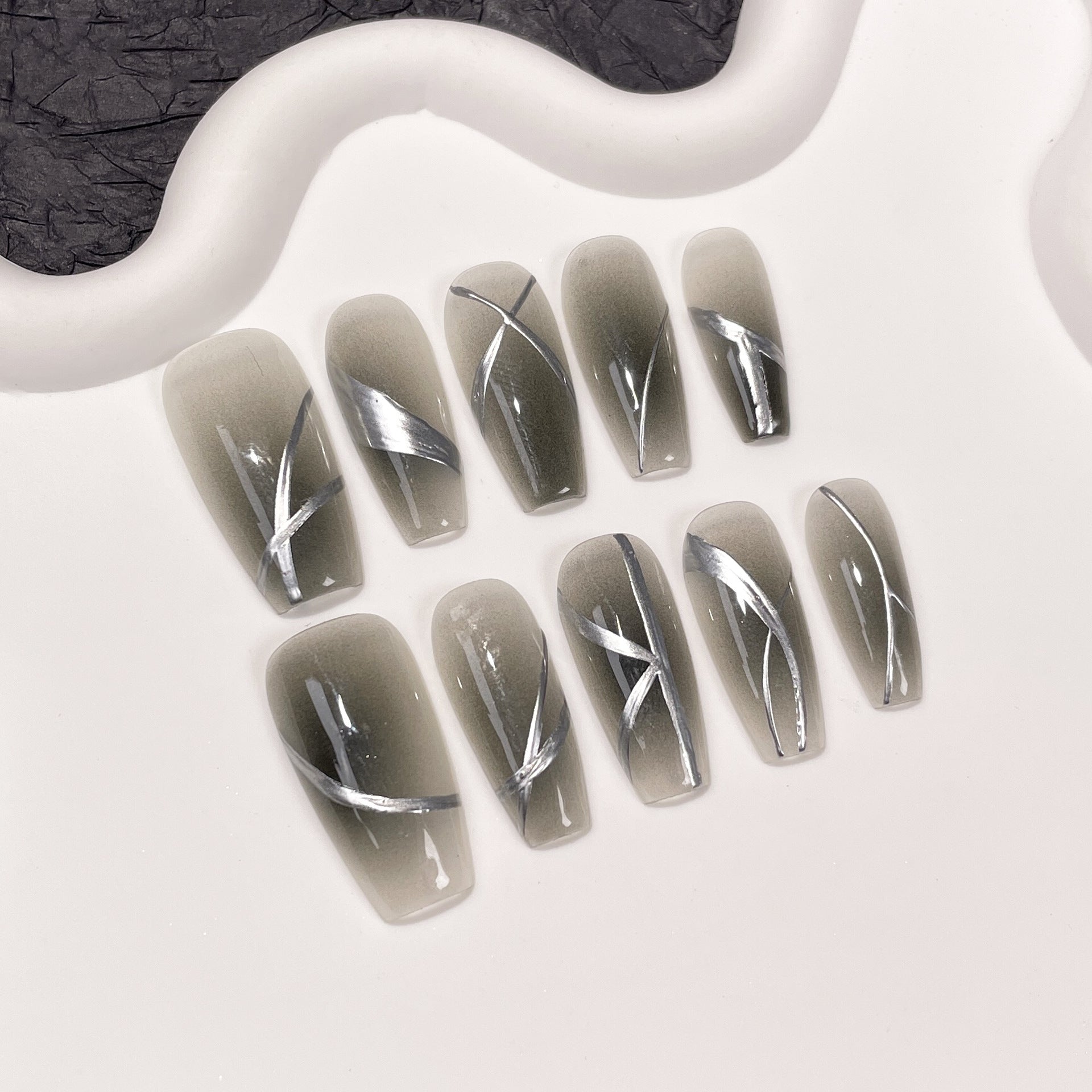 Modern Gray Smoke Ombré Silver Chrome Line Art Press-On Nails