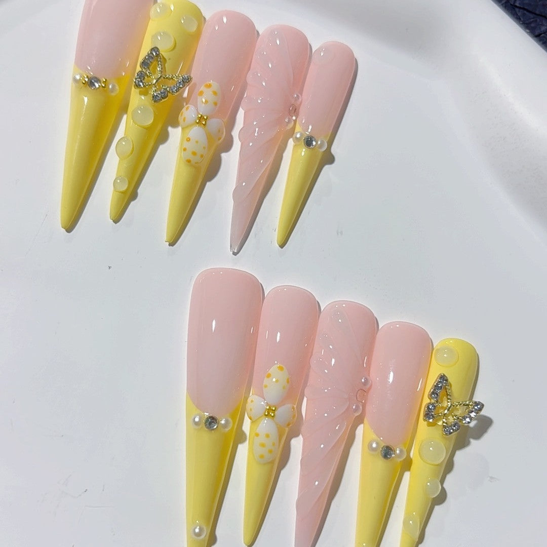 柔粉黃蝴蝶水晶穿戴甲組