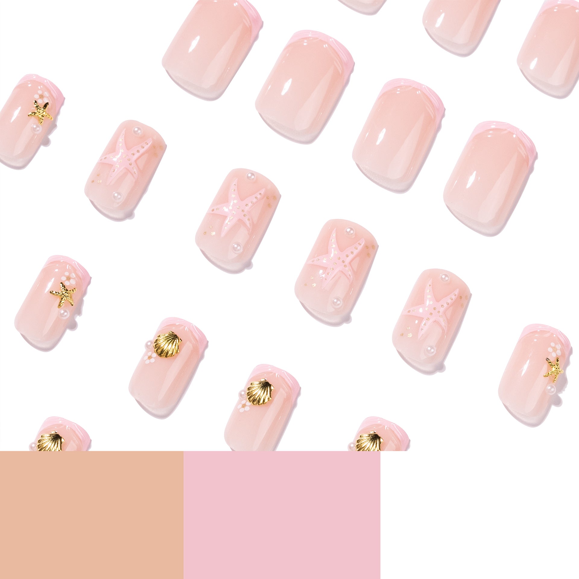 365nails: "Pink Beach Starfish Square" – French Tip Press-on Nails