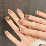 Brown Gem Pearl Bow Luxury Short Nail Design