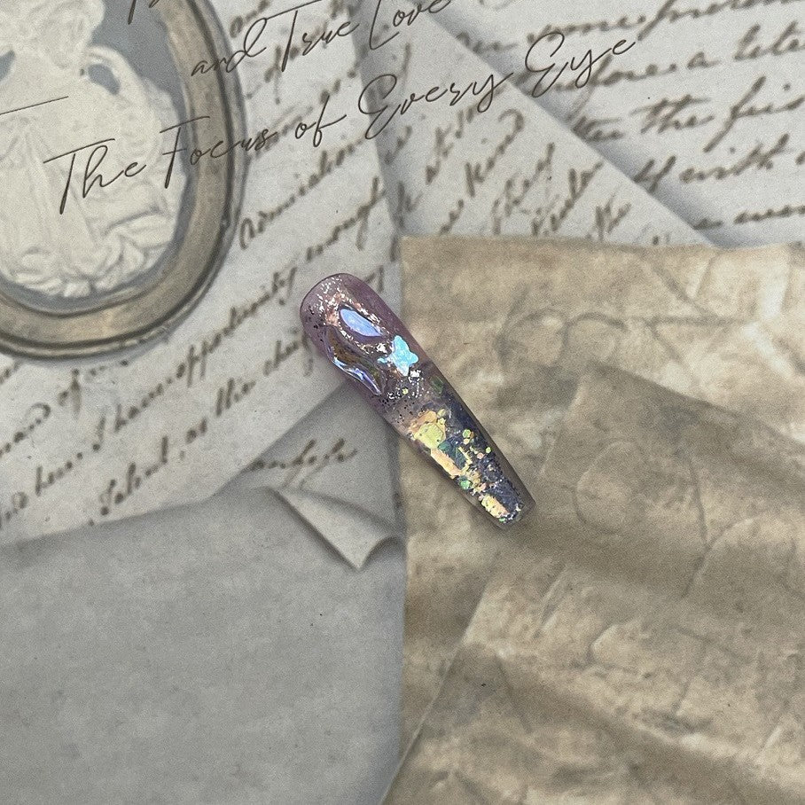 Aurora Crushed Ice Amethyst Butterfly Diamond Long Coffin Shape press on nail