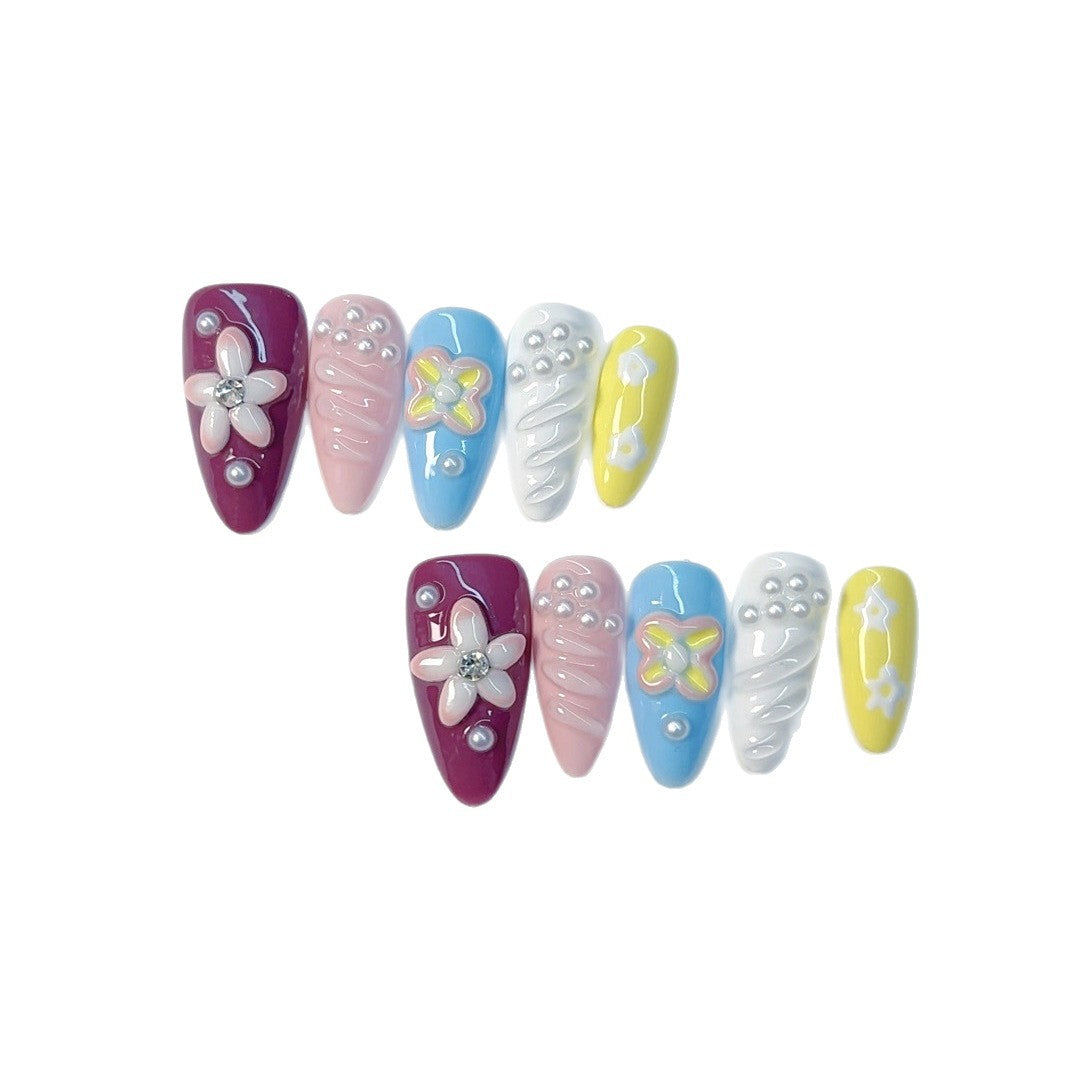 365nails-Pastel Carnival: "Rainbow Floral" – Long Almond Handmade Nails