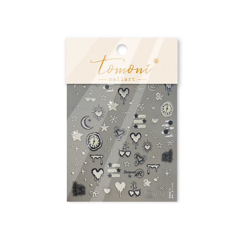 Silver Metallic Drip Heart Nail Stickers – Celestial Star Moon Clock Set
