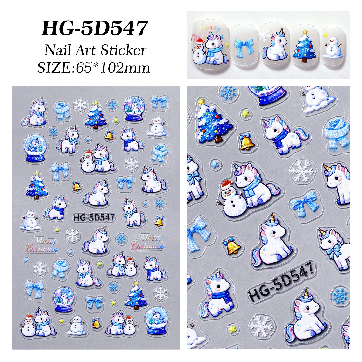 Original Snowflake Unicorn Nail Art Sticker 5D Embossed Three-dimensional Christmas Pony DIY Nail Sticker Ornament HG