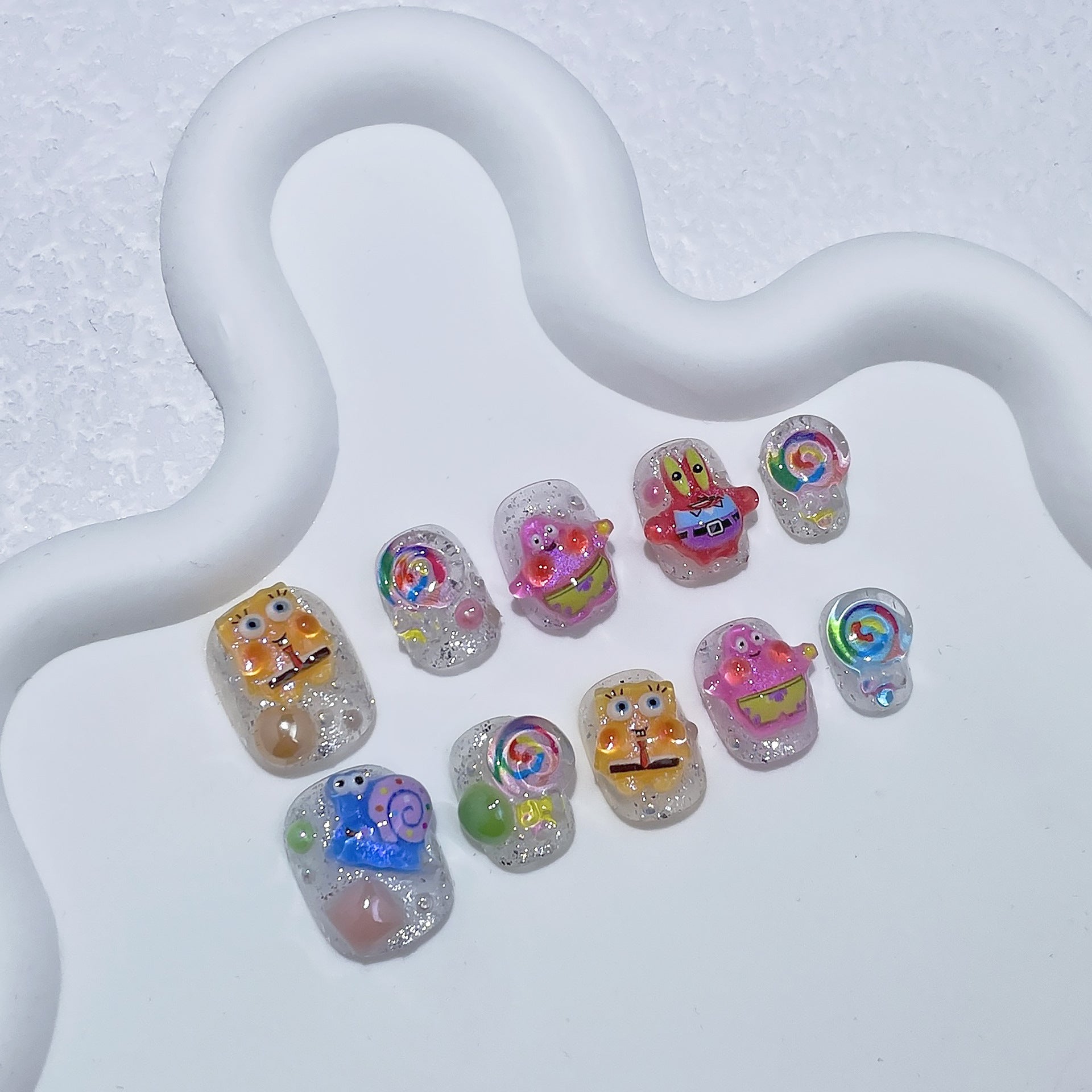 Unhas postiças curtas com desenho animado fofo, Bob Esponja Calça Quadrada, Patrick Estrela, arte de unha curta, patch finalizado, usável, 365nails