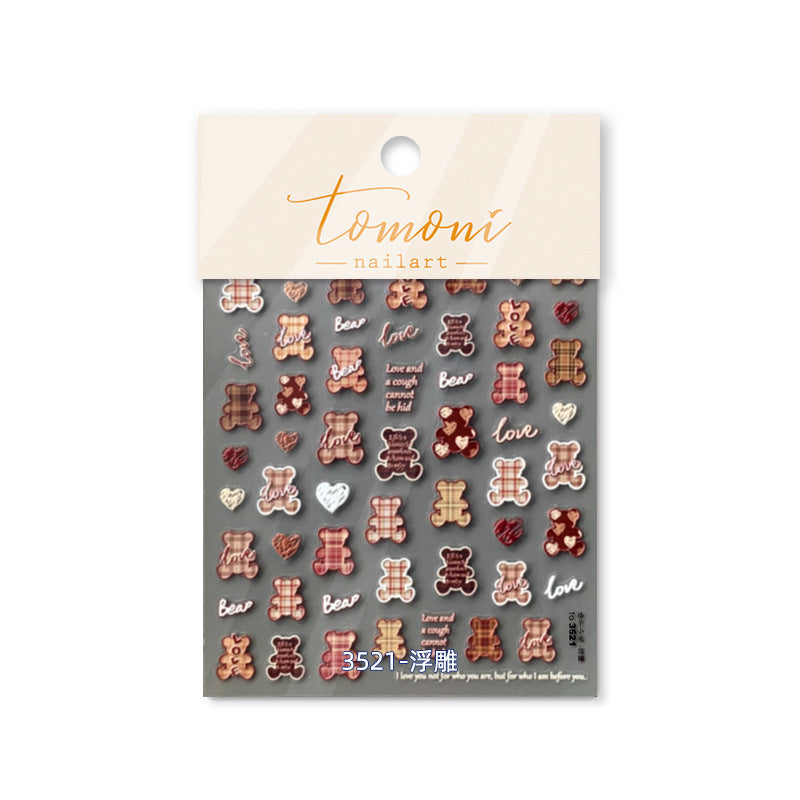 Plaid Teddy Bear Nail Stickers – 5D Embossed Sweet Love Set