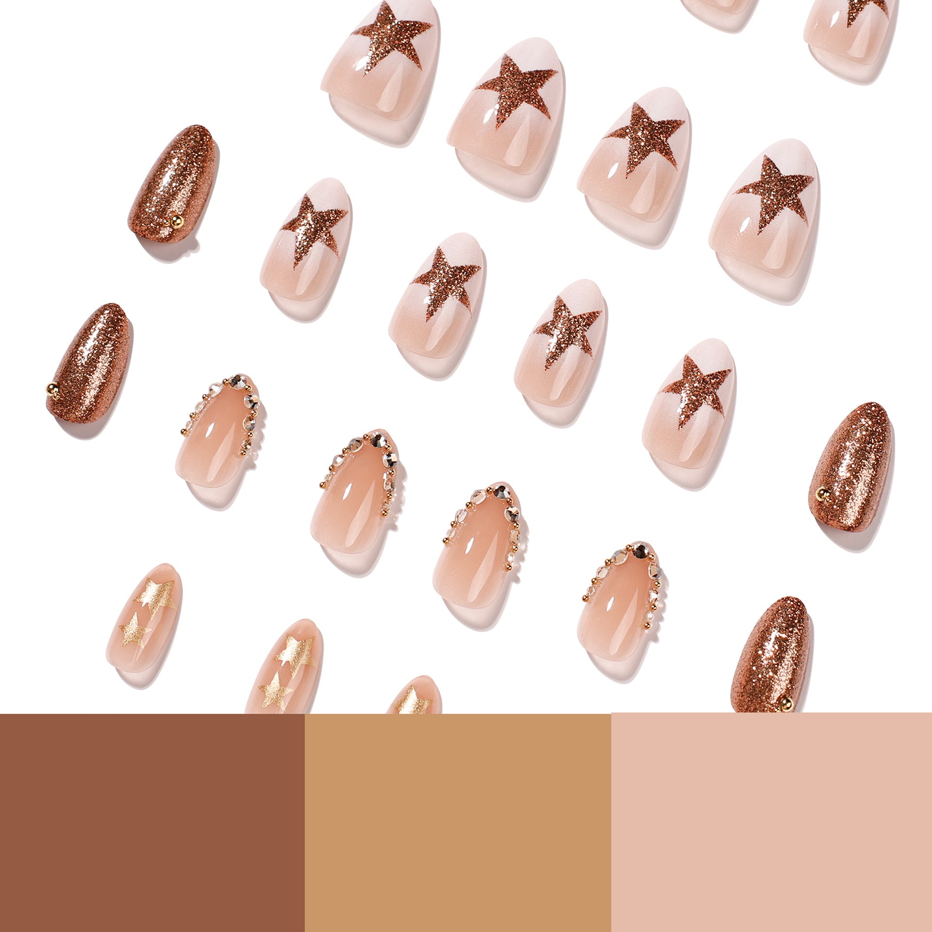 365nails: "Bronze Star Ombre Almond" – Rhinestone Chain Press-on Nails