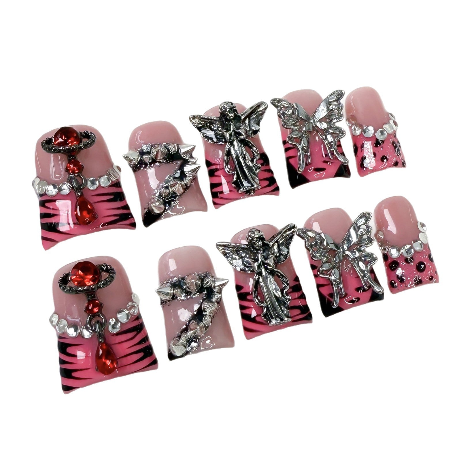 Bold Press-On Nails with Silver Charms and Pink Zebra Design