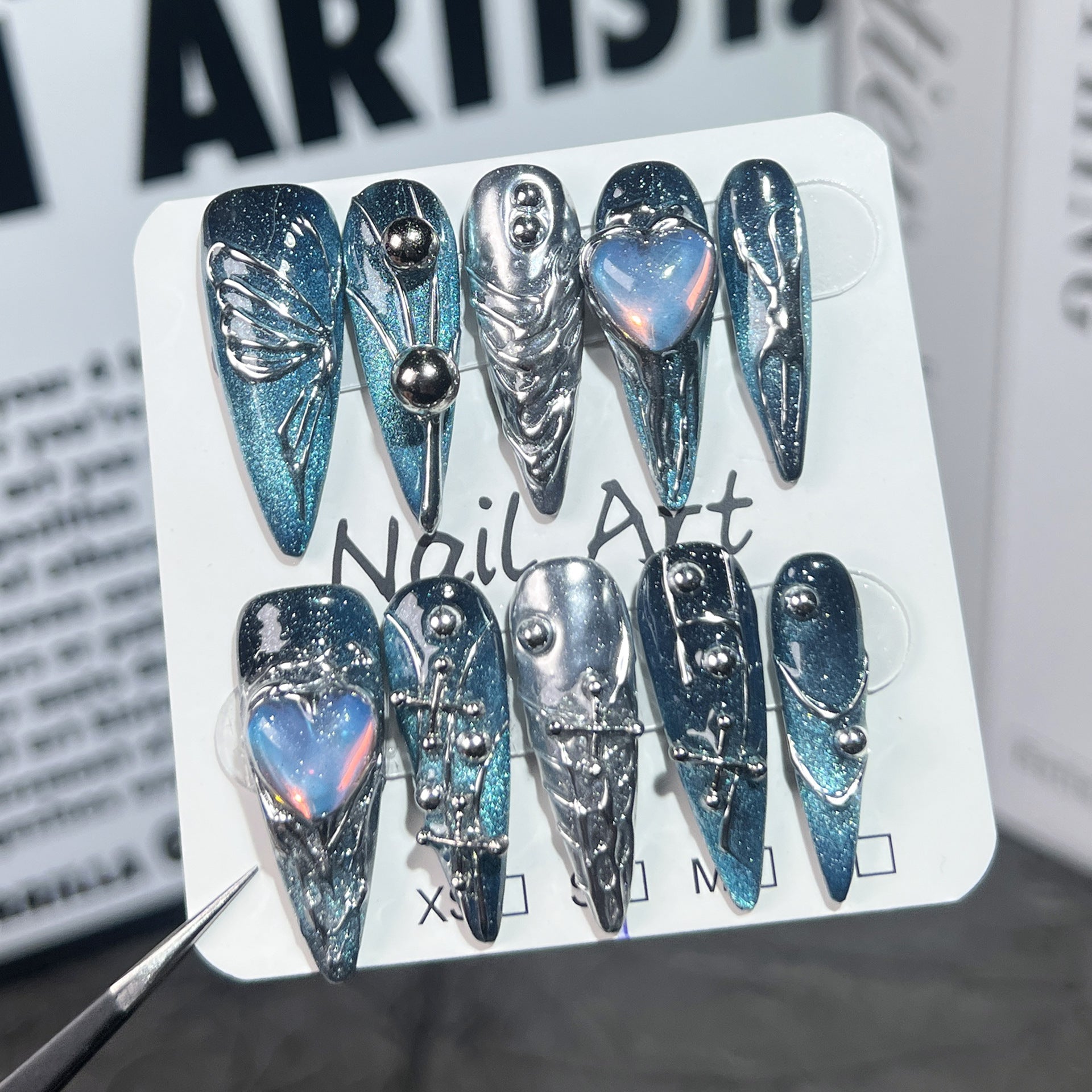 Uñas postizas hechas a mano con diseño de estrella y galaxia, diseño creativo de mariposa, punta larga, parche terminado | 365nails