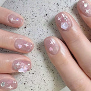 甜粉色短款穿戴甲貼膜（愛心與五角星、INS 風）｜365nails