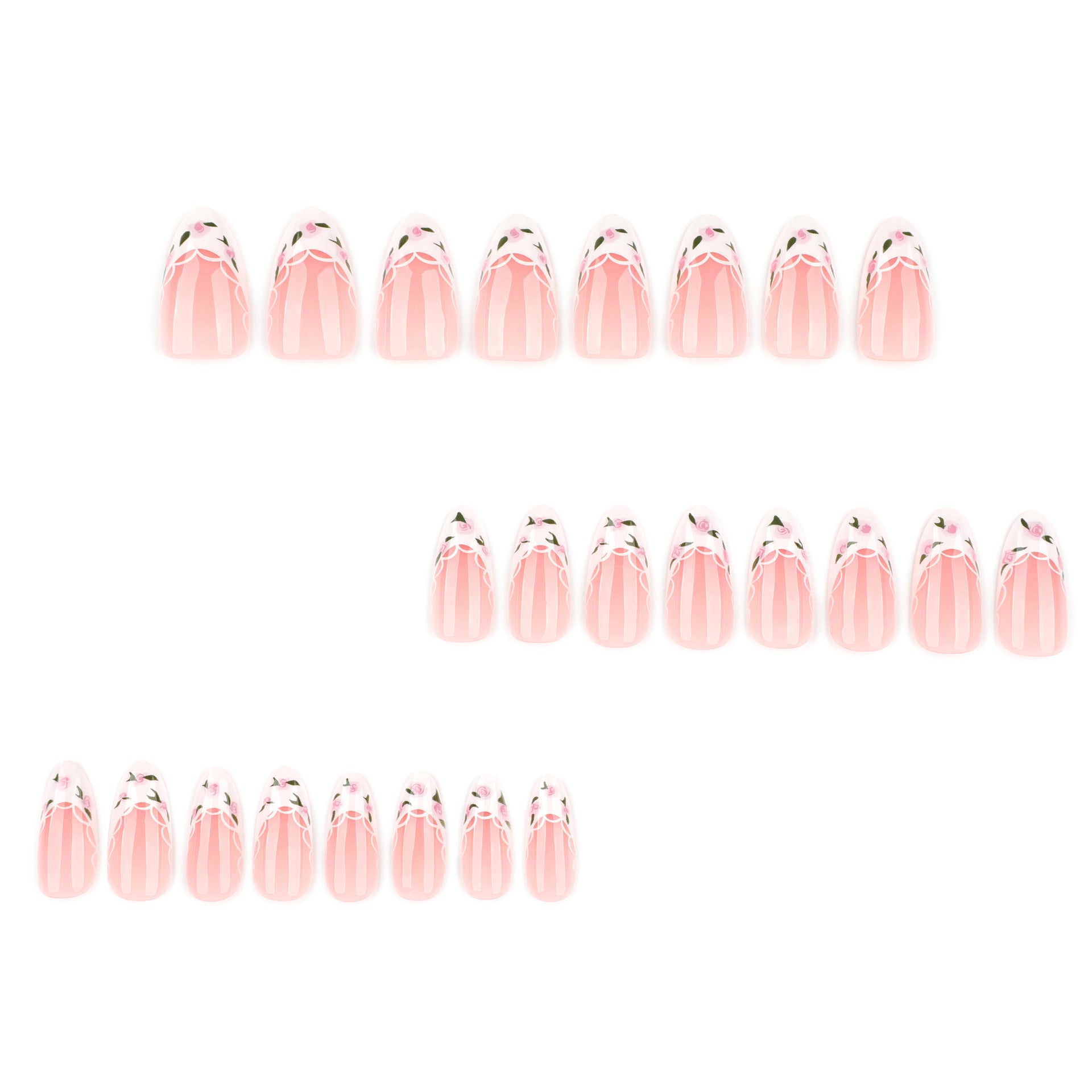 Manicura sencilla francesa con flores de hoja verde fresca y blanca, uñas postizas cortas con diseño de almendra (365nails)