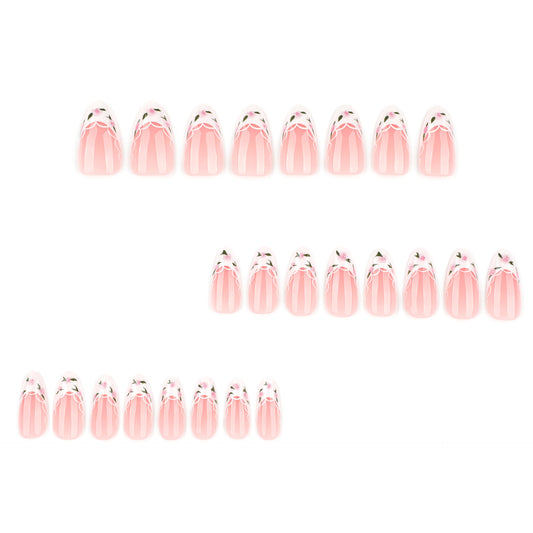 French white fresh green leaf flower  simple manicure fake nail short almond nail ｜365nails