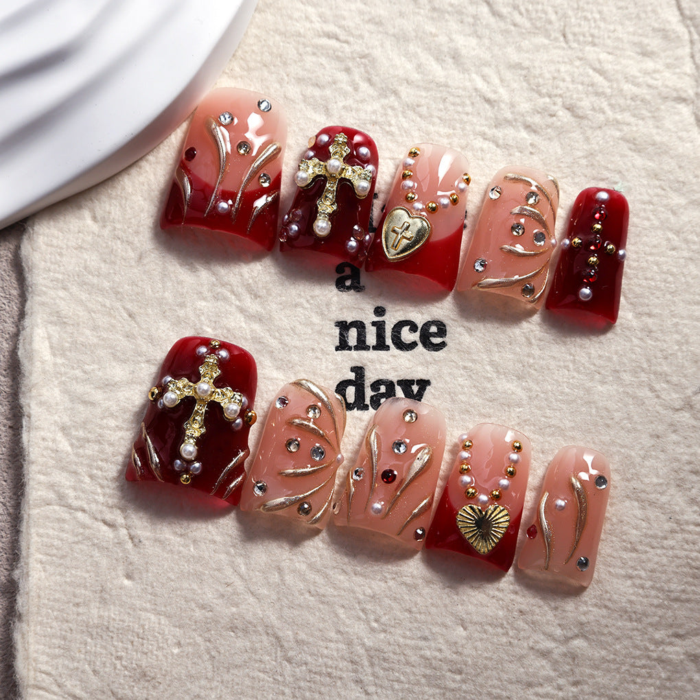 Red Nude Cross Heart Baroque Press On Nails